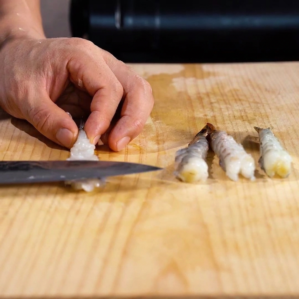 Le dos dun couteau pressant le ventre de la crevette pour laplatir.