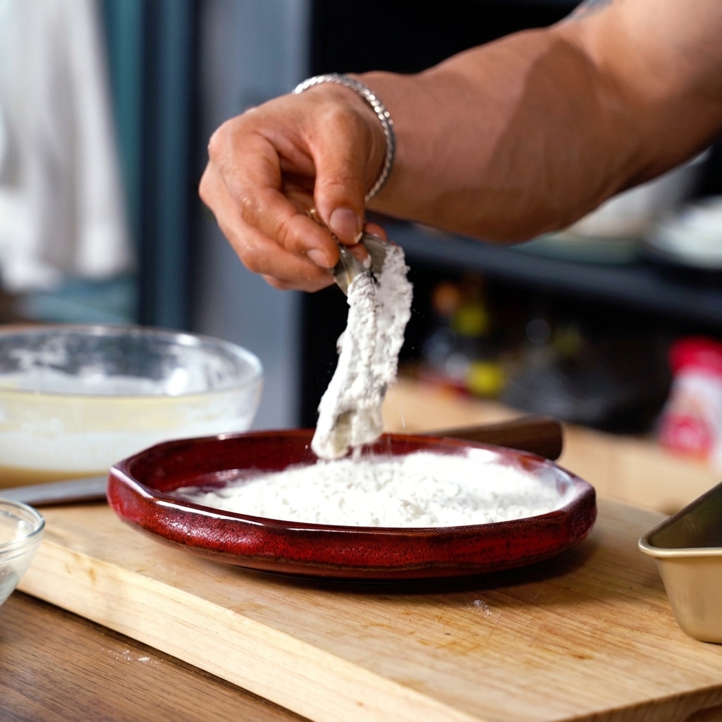 Une crevette légèrement saupoudrée de farine sur une assiette rouge.