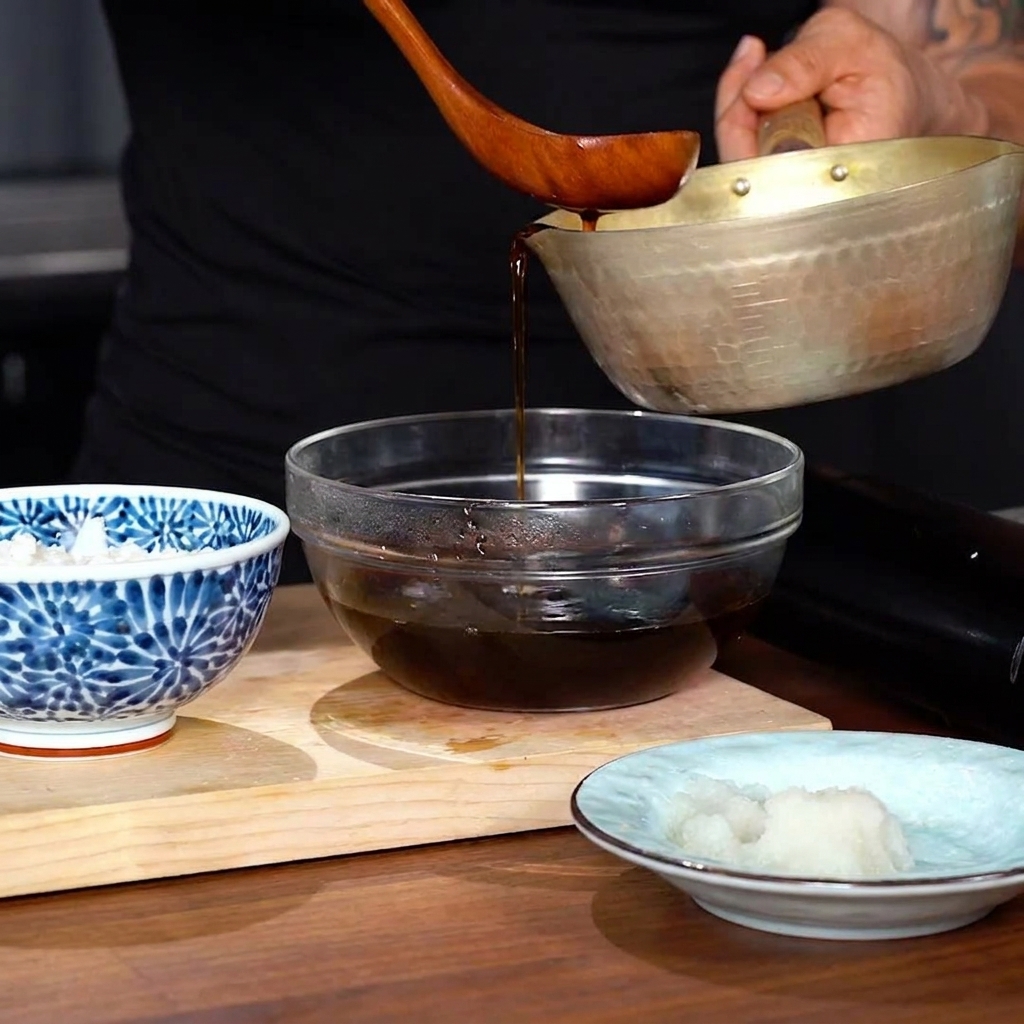 Sauce tempura chaude versée depuis une casserole métallique dans un bol en verre.