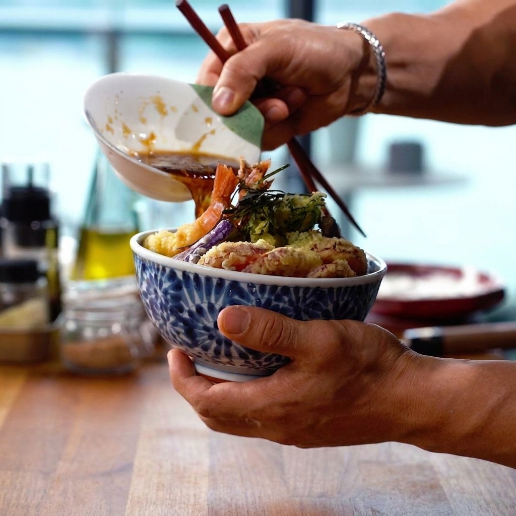 Sauce chaude versée sur un bol de tempura croustillant posé sur un lit de riz.