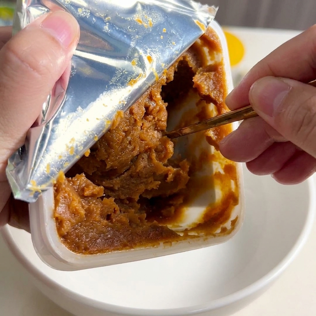 Une cuillerée de pâte miso est incorporée au bouillon frémissant.