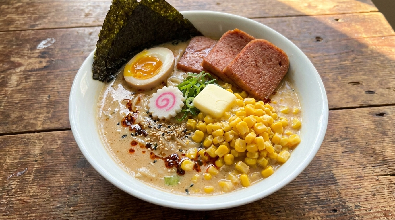 Un bol de Ramen au Miso, Beurre et Maïs garni dalgues, dun œuf mollet, de tranches de jambon, de kamaboko et de maïs.