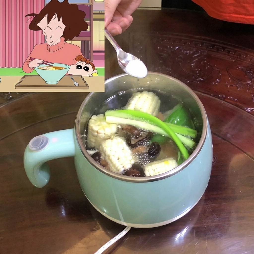Une cuillère de sel ajoutée dans la soupe aux légumes en ébullition.