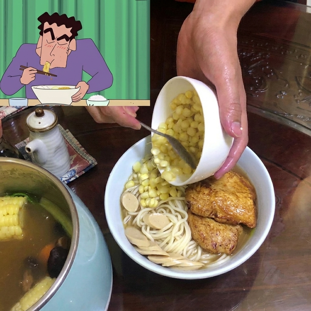Poudre de poulet saupoudrée dans le bouillon bouillonnant.