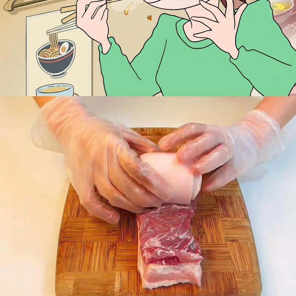 Un morceau de poitrine de porc crue roulé et ficelé avec de la ficelle de cuisine sur une planche à découper en bois.