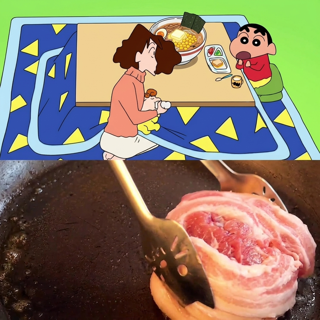 Le rouleau de porc en train de dorer dans une poêle chaude, retourné avec une spatule.
