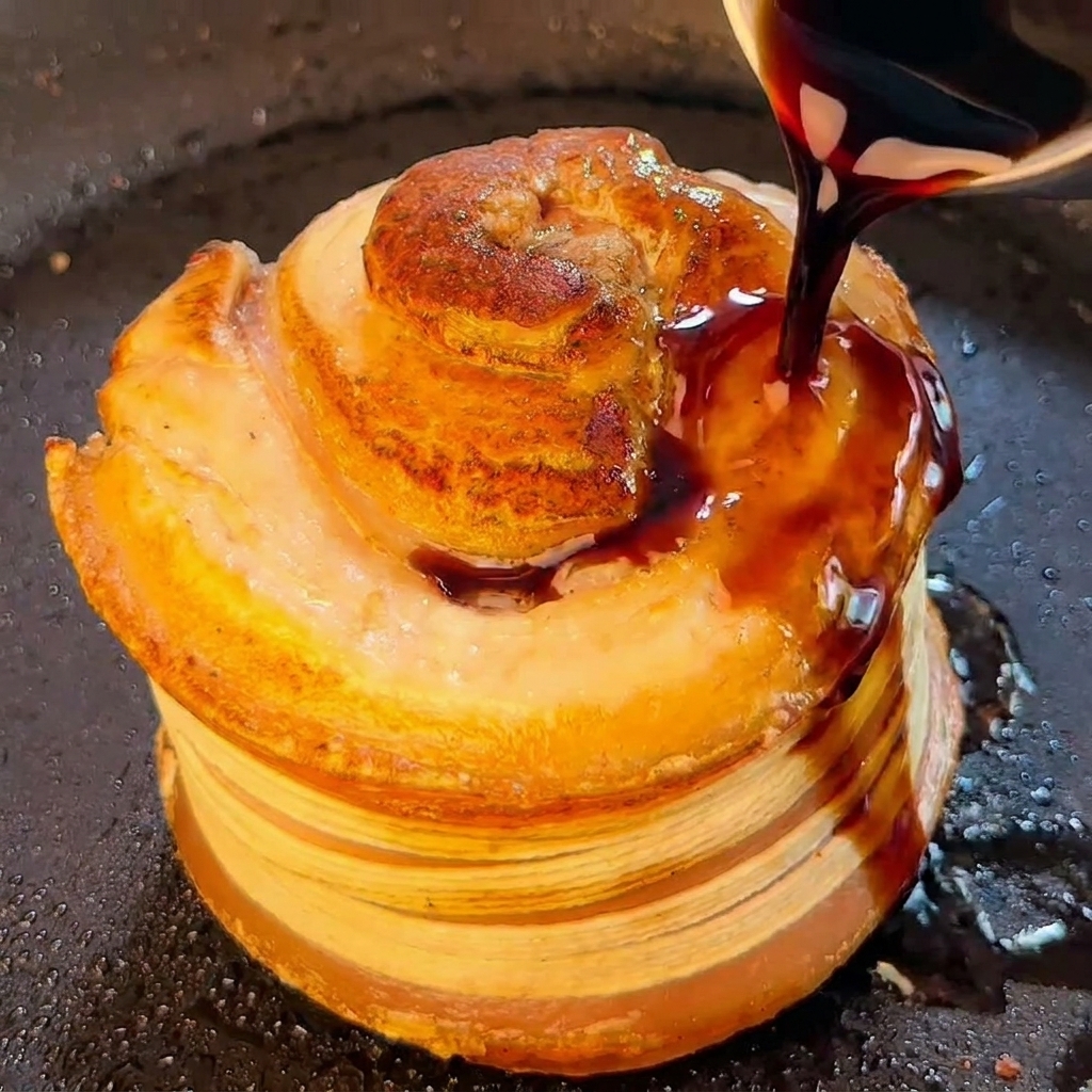 Une sauce sombre à base de soja versée sur le porc saisi dans la poêle.