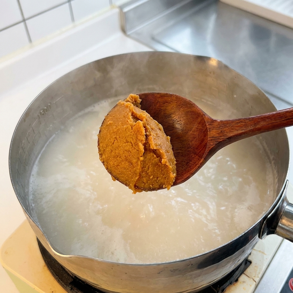 De la pâte miso incorporée dans une casserole de bouillon dos frémissant avec une cuillère en bois.