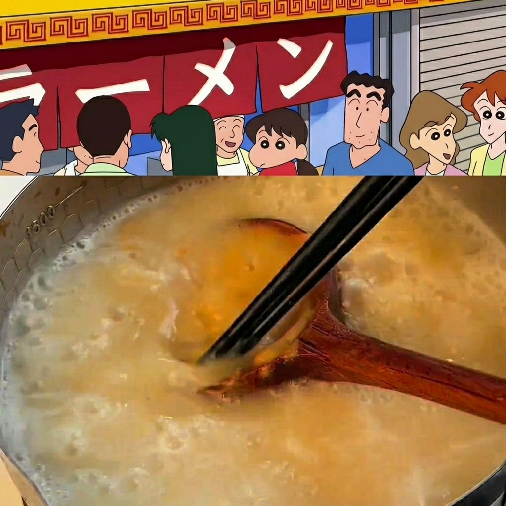 Une louche mélangeant la pâte miso, lail et le gingembre dans une grande casserole de bouillon dos bouillonnant.