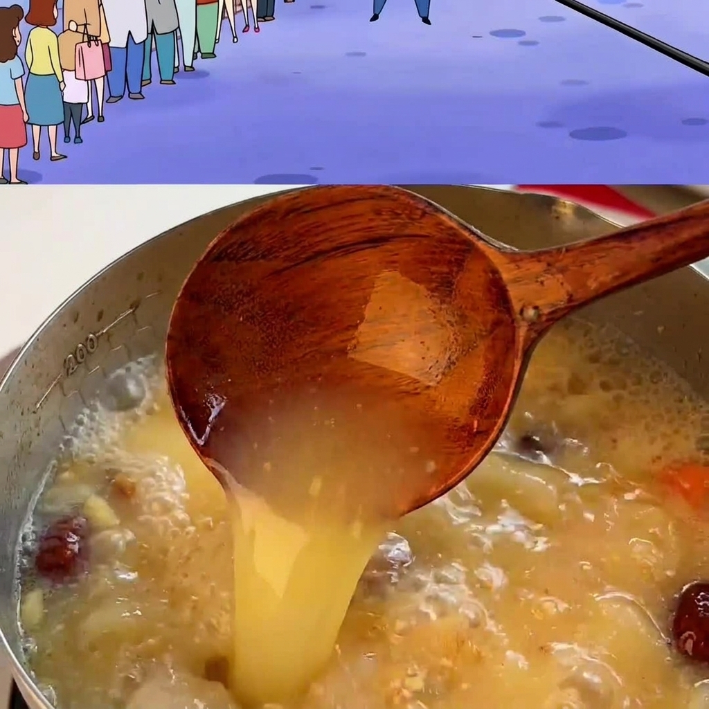 Le bouillon miso savoureux versé avec une louche en bois dans un bol rempli de nouilles cuites.