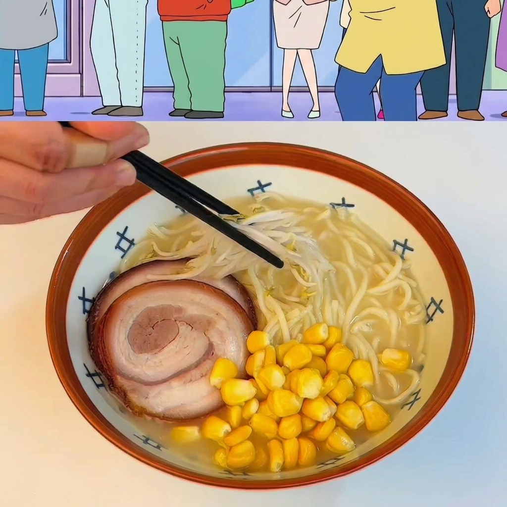 Un bol de ramen fini garni de maïs, de pousses de soja, de pousses de bambou, doignons verts et dun carré de beurre.