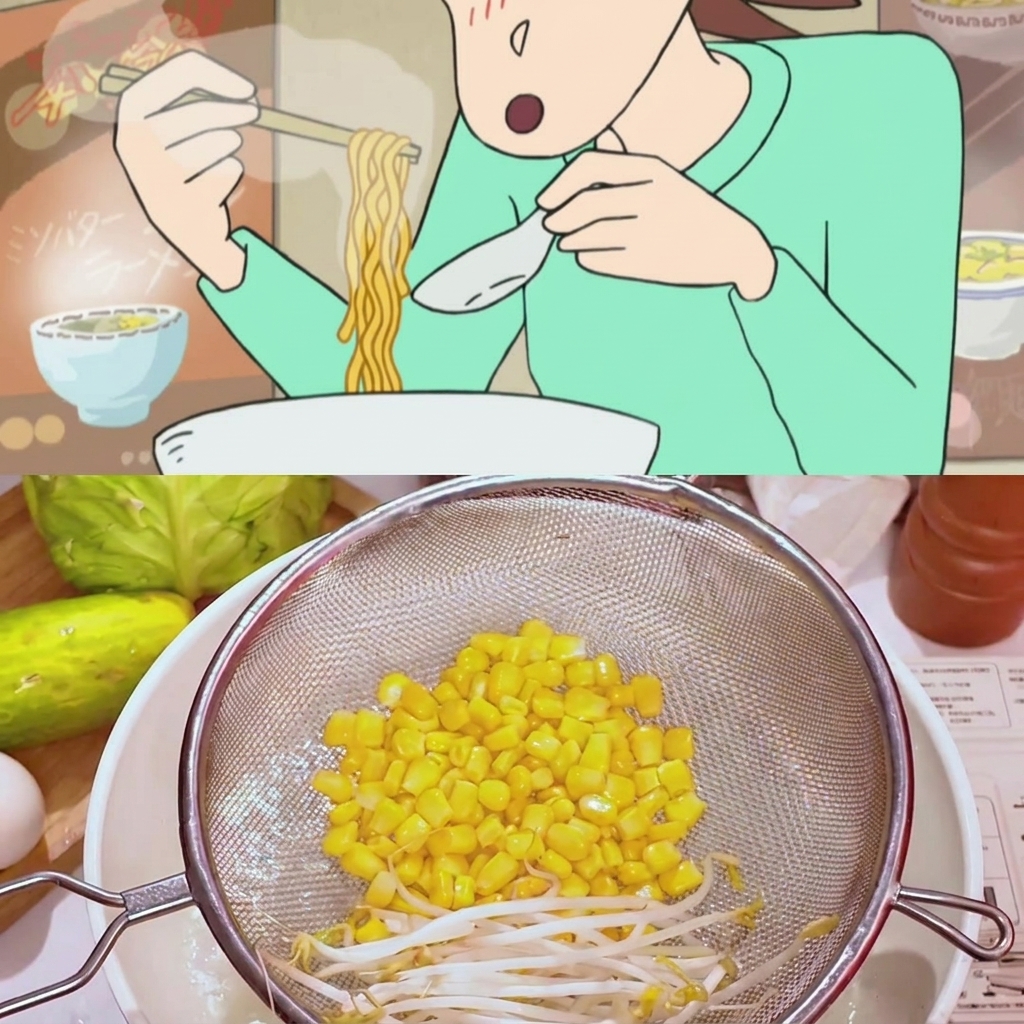 Grains de maïs frais et pousses de soja dans une passoire en métal en cours de blanchiment dans une casserole deau chaude.