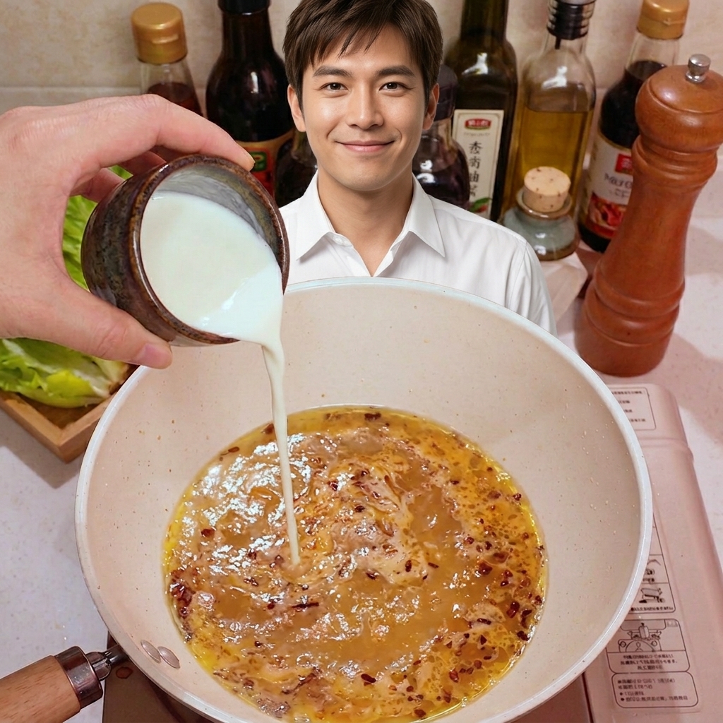 Du lait versé depuis une petite tasse dans une poêle contenant le mélange dail et de miso rissolé.