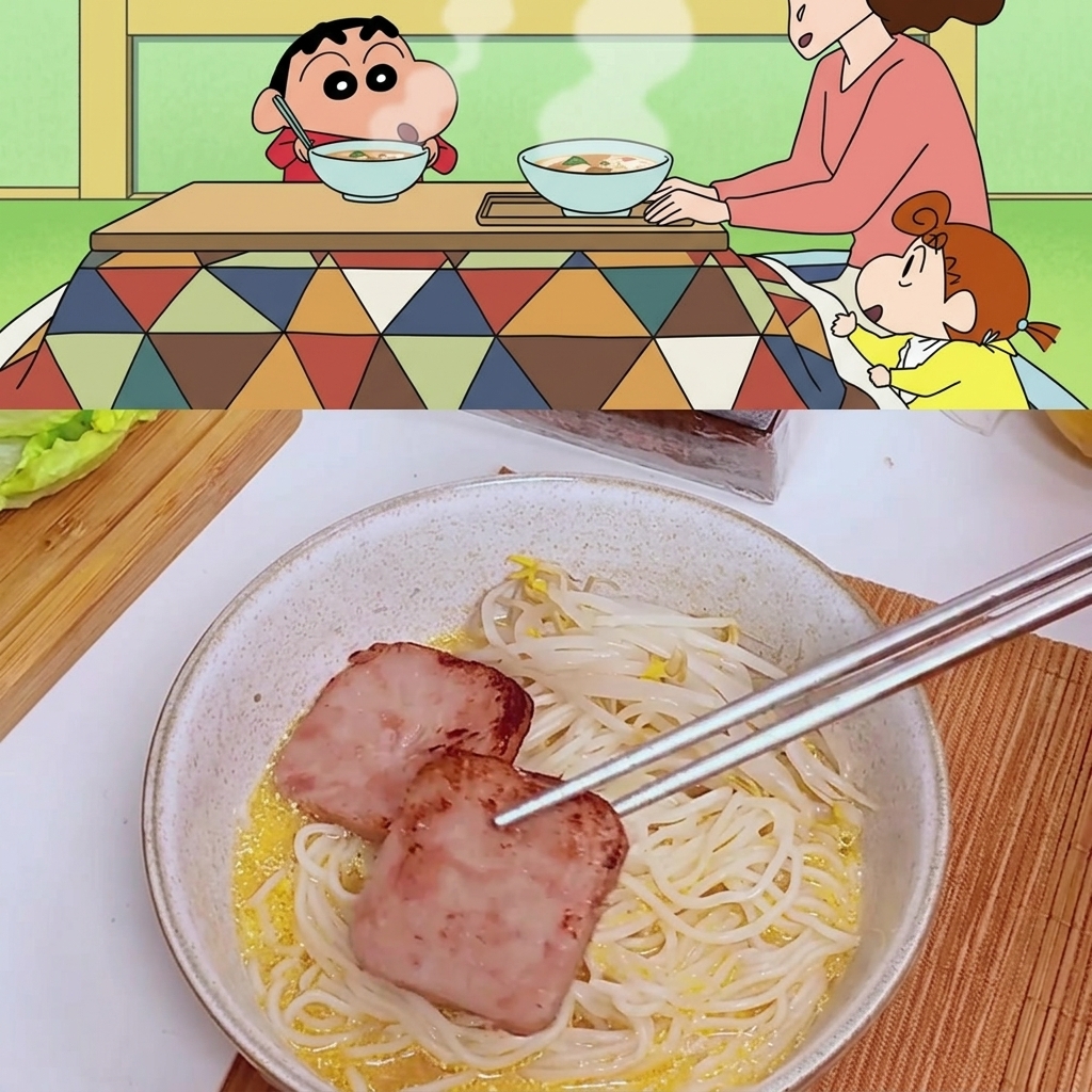 Deux tranches de luncheon meat dorées à la poêle placées sur les nouilles dans un bol de service.