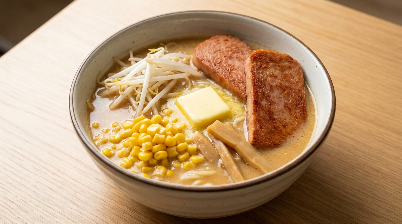 Ramen au Miso, Beurre, Maïs et Luncheon Meat