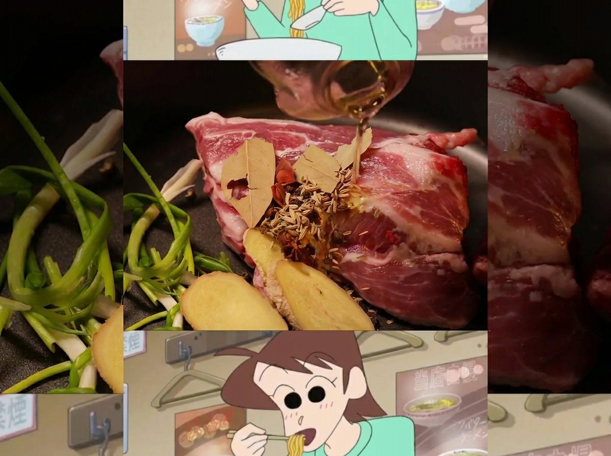 Os de porc, gingembre tranché et épices entières mijotant dans une grande marmite deau.