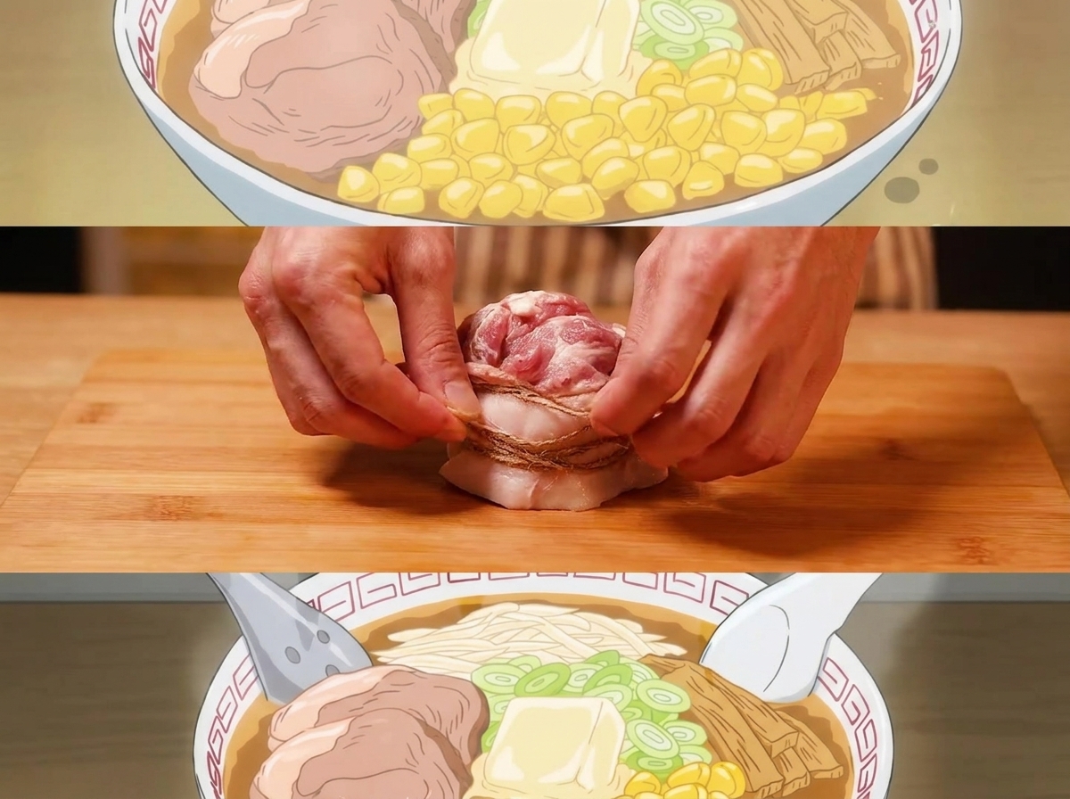 Une pièce de poitrine de porc crue roulée et ficelée fermement avec de la ficelle de cuisine.