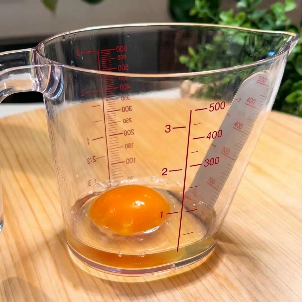 Deux œufs fouettés avec des baguettes dans un verre doseur.