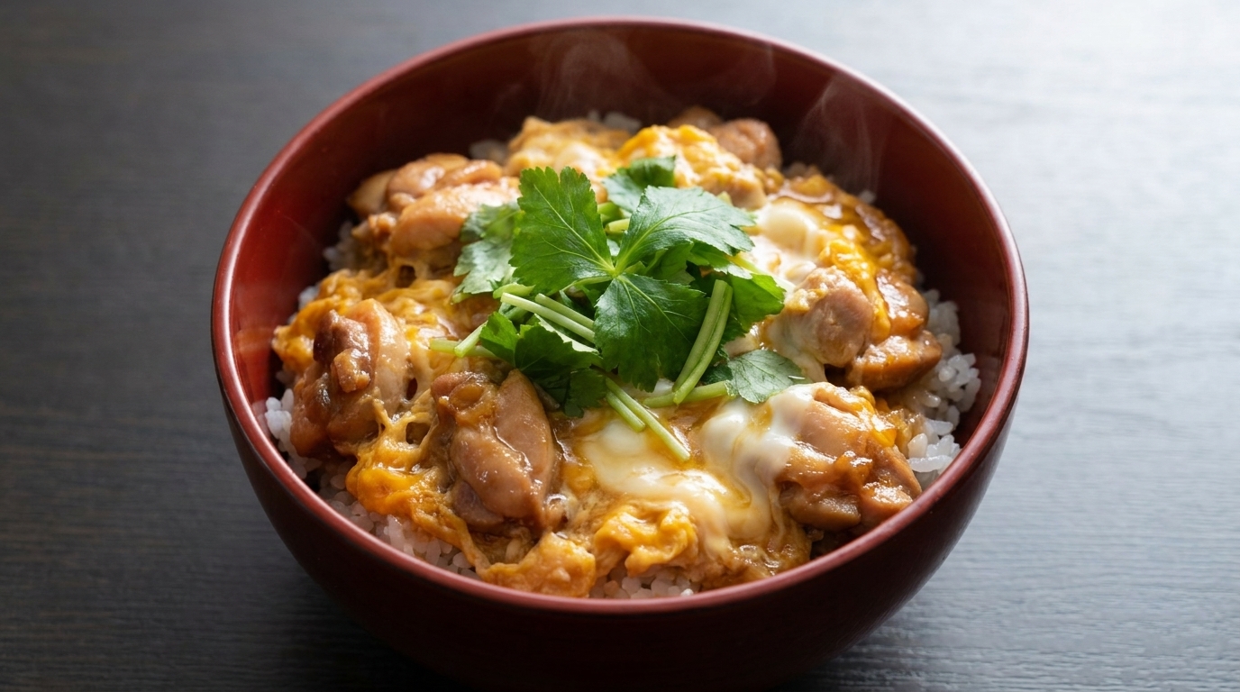 Un bol fumant dOyakodon composé de morceaux de poulet tendres et dœufs moelleux, saupoudré de persil japonais frais.