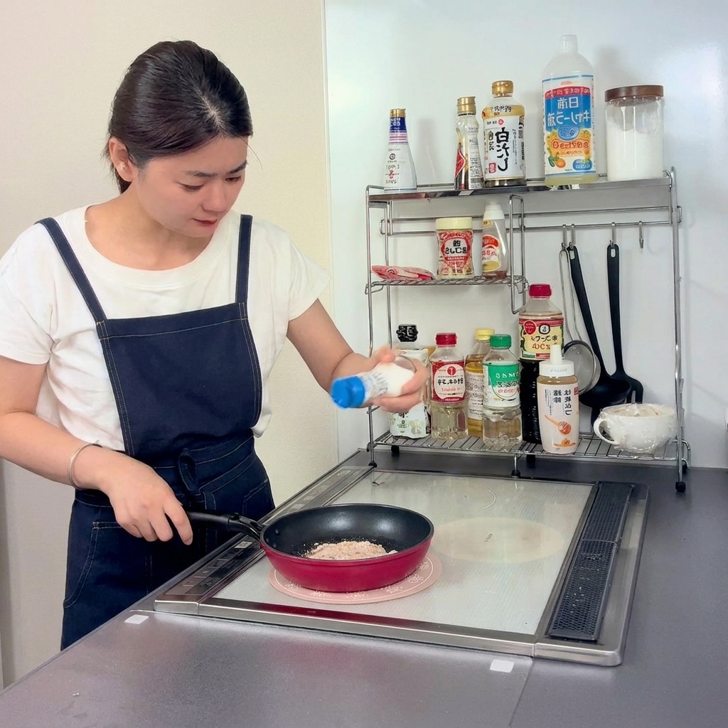 Une main tenant une salière et saupoudrant du sel sur un morceau de poulet en train de frire dans une poêle.