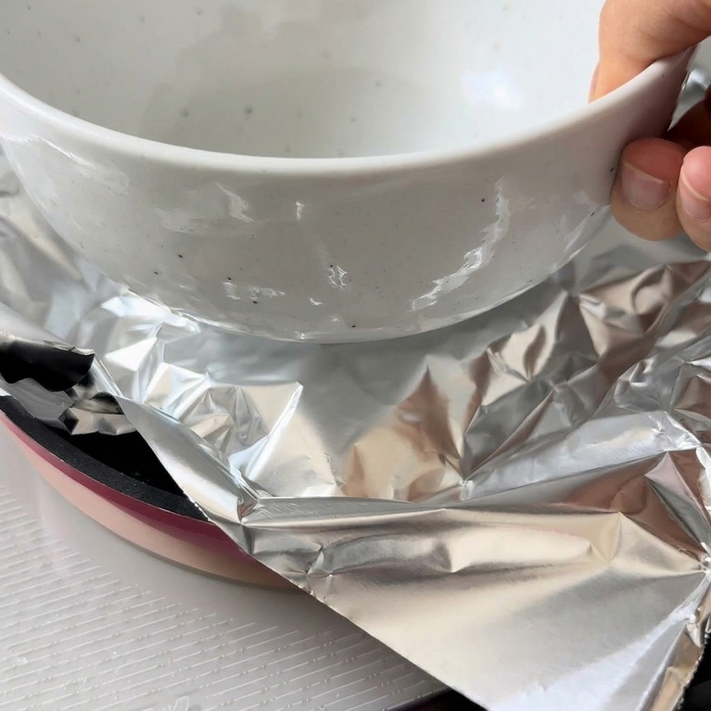 Un morceau de poulet dans une poêle, recouvert de papier aluminium et lesté par un bol blanc lourd.