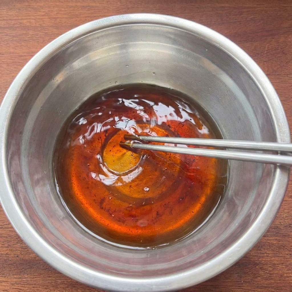 Un bol en métal contenant un mélange de sauce sombre remué avec des baguettes.