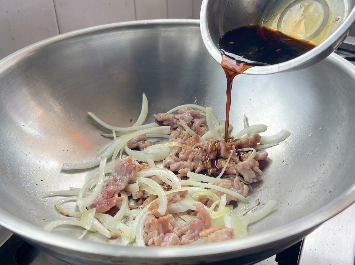 Sauce sombre versée dans un wok contenant du porc sauté et des lamelles doignon.