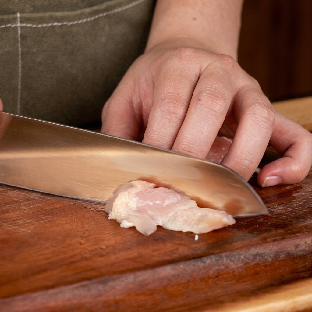 Gros plan dun couteau bien aiguisé coupant une cuisse de poulet désossée en morceaux réguliers sur une planche à découper en bois propre.
