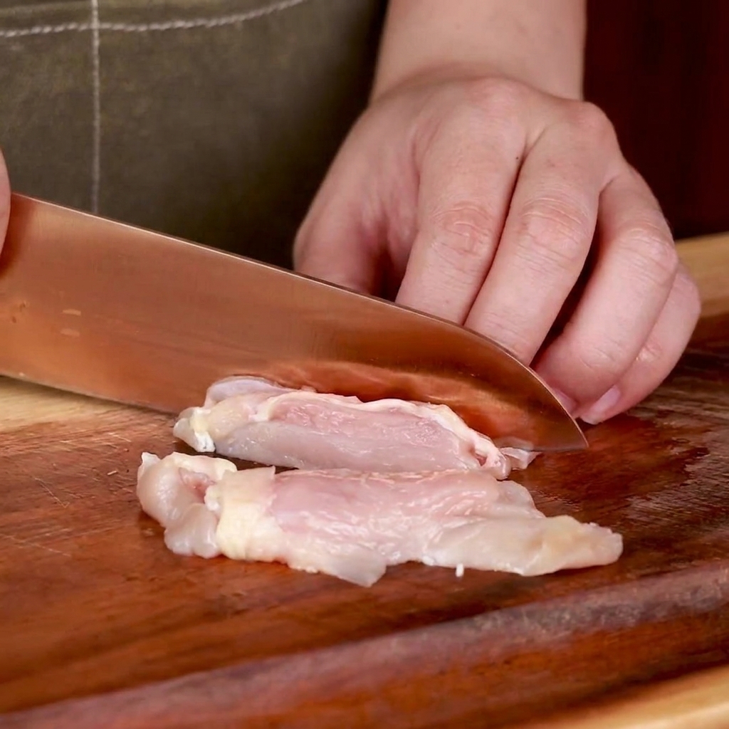 De la sauce soja bio versée sur des morceaux de poulet crus dans un bol blanc.