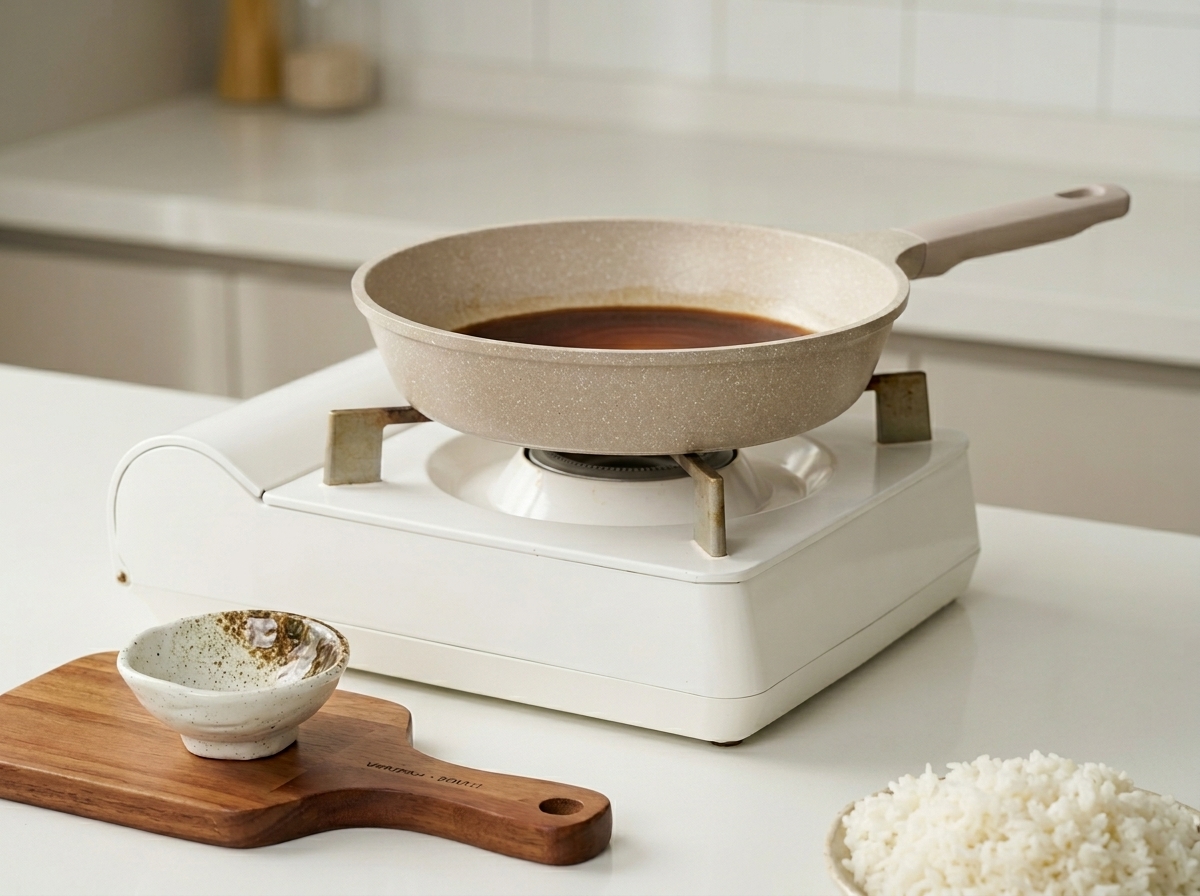 Sauce teriyaki versée dans une poêle antiadhésive propre.
