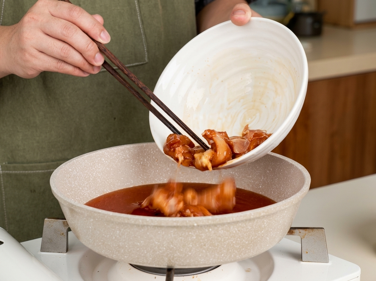 Morceaux de poulet ajoutés à une poêle avec le bouillon teriyaki à laide de baguettes.