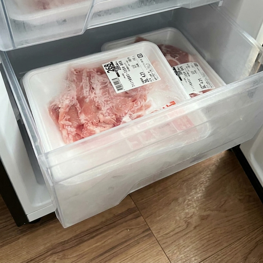Un paquet de poulet cru dans un plateau en plastique posé dans un micro-ondes.