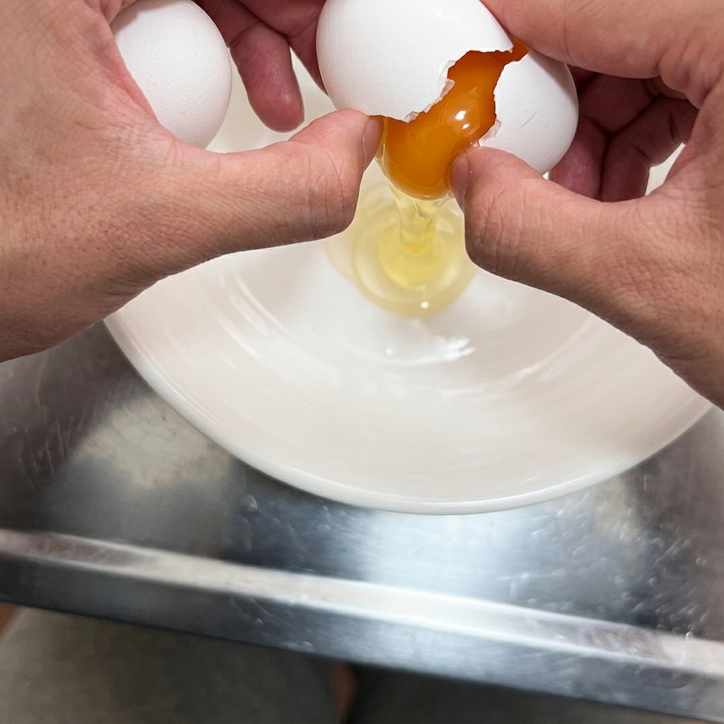 Un œuf cassé dans un petit bol blanc.