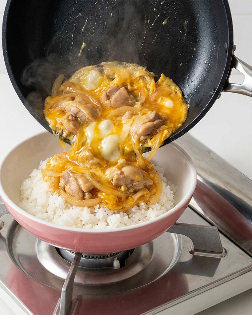 De la sauce soja versée dans la poêle pour se mélanger aux ingrédients existants.