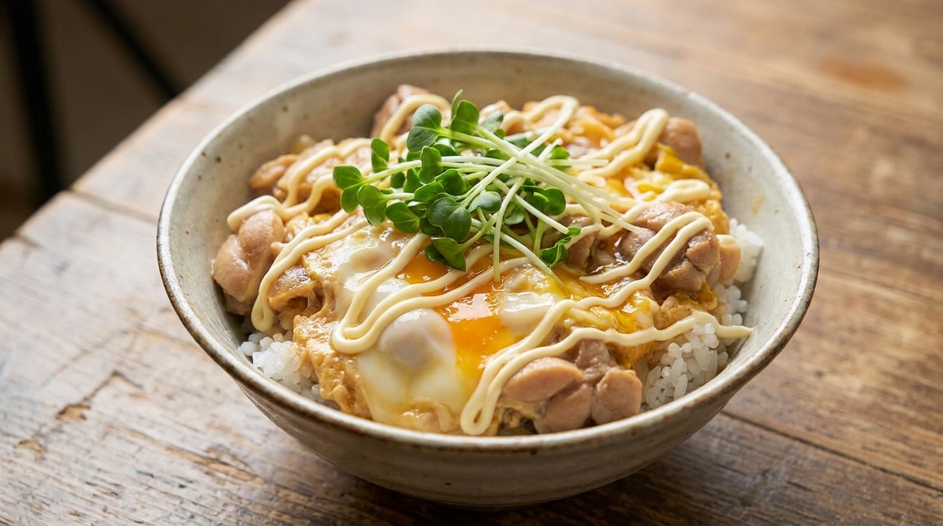 Un bol dOyakodon composé de poulet tendre et dœufs soyeux sur un lit de riz moelleux, agrémenté de pousses de radis et dun filet de mayonnaise.