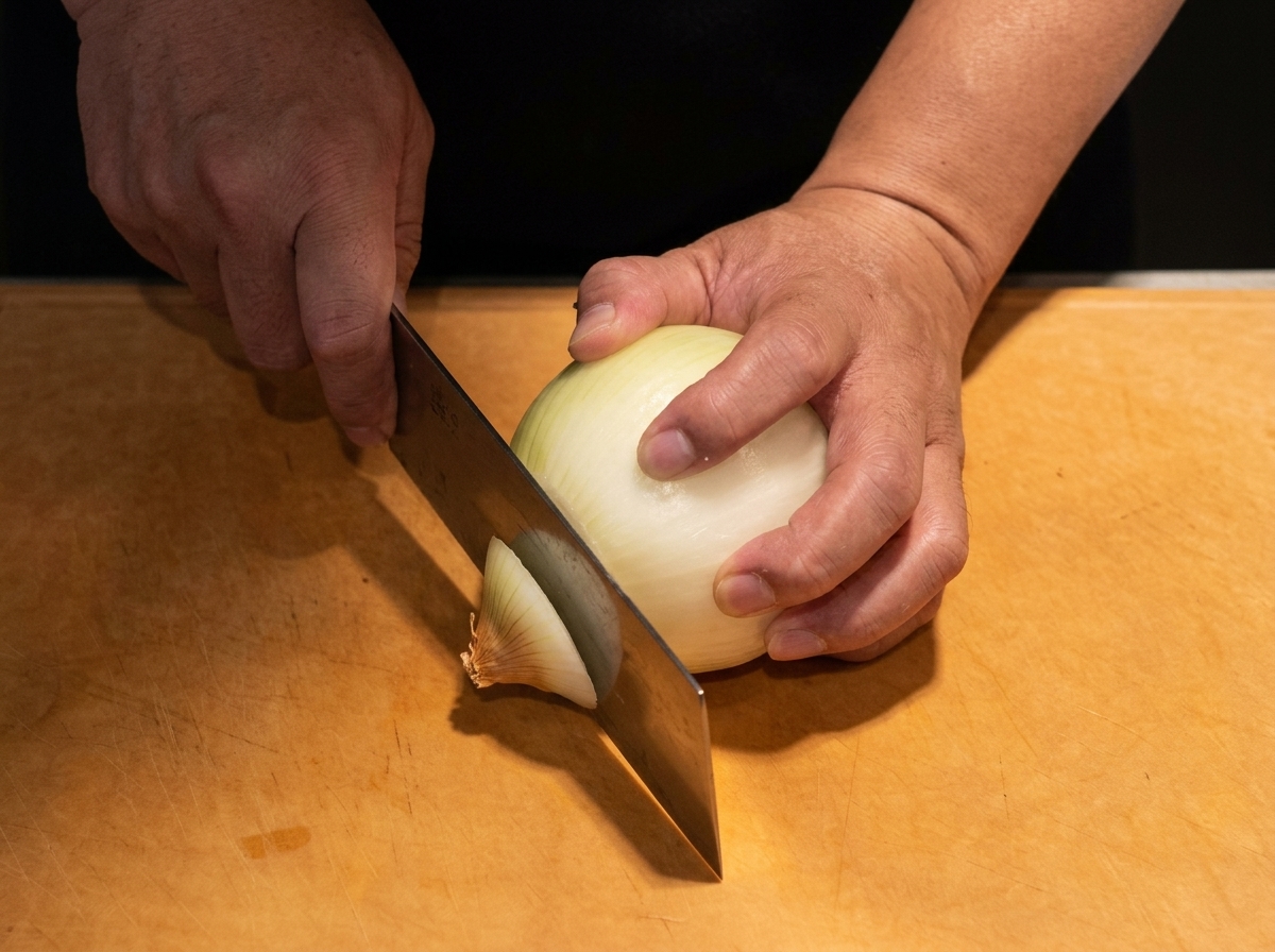 Un oignon tranché verticalement sur une planche à découper en bois avec un couteau de chef tranchant.