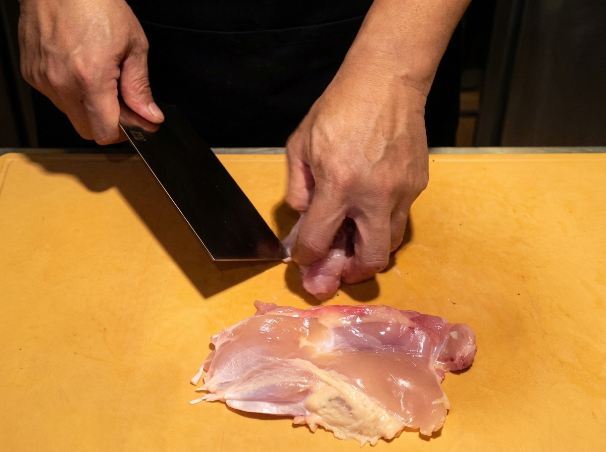 Une cuisse de poulet crue et désossée coupée en morceaux réguliers sur une planche à découper.
