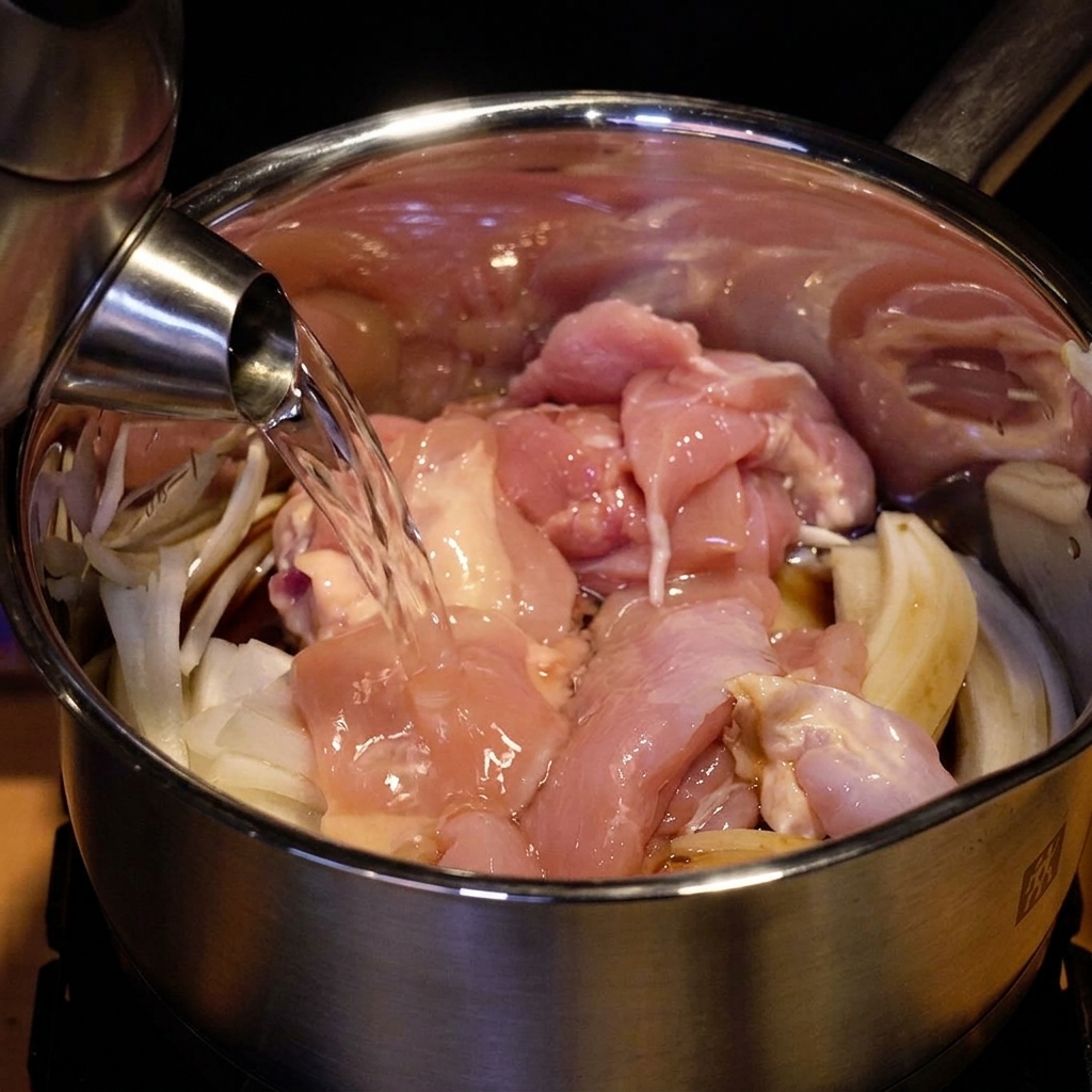Eau versée depuis une bouilloire dans une casserole contenant le poulet et les oignons.