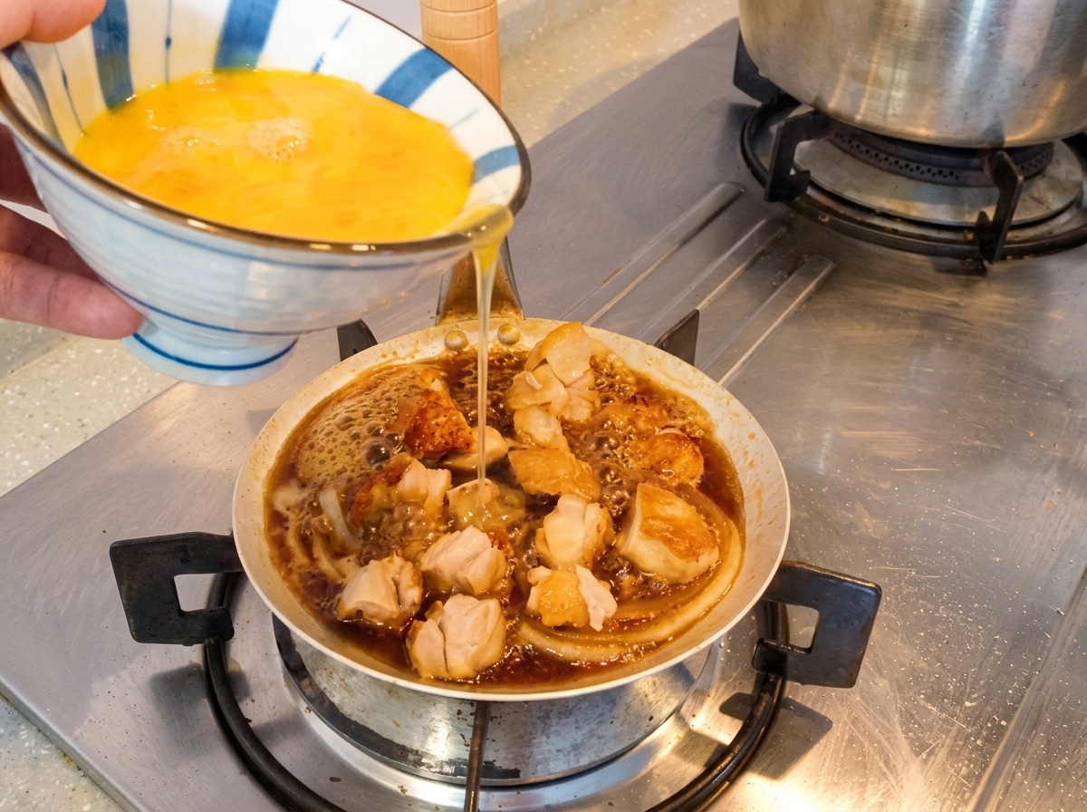 Mélange dœufs légèrement battus versé sur le poulet et les oignons dans la poêle.