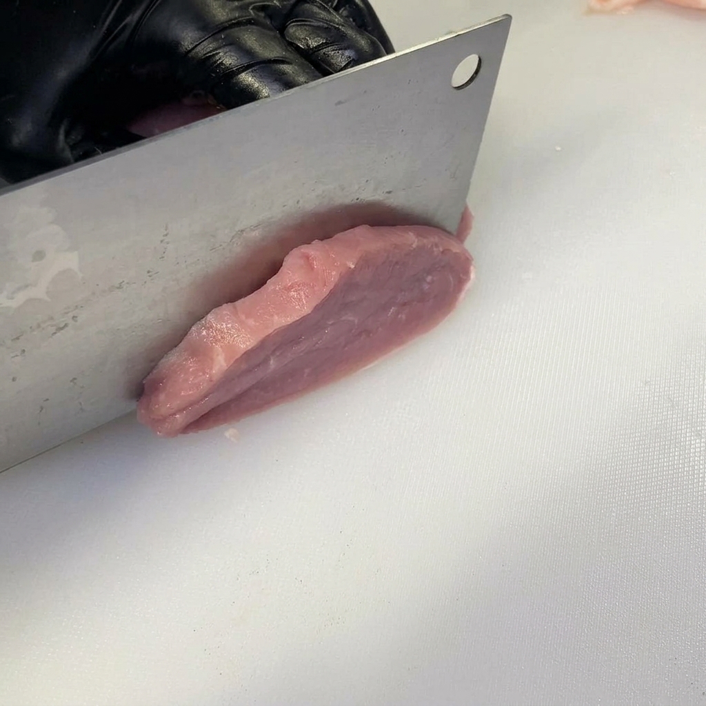 Une main gantée utilisant un couperet à viande pour faire des entailles partielles dans un morceau de filet de porc frais sur une planche à découper blanche.