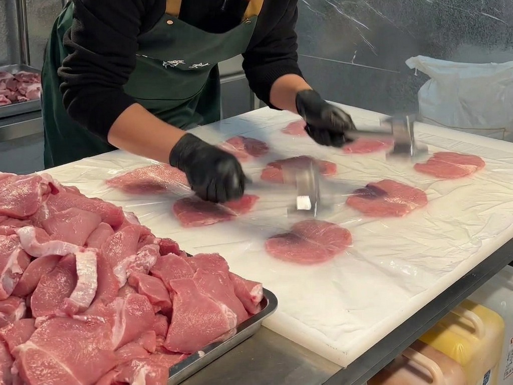 Une personne utilisant un maillet à viande en métal pour marteler et aplatir des morceaux de porc sous une couche de film plastique transparent sur une grande table de préparation.