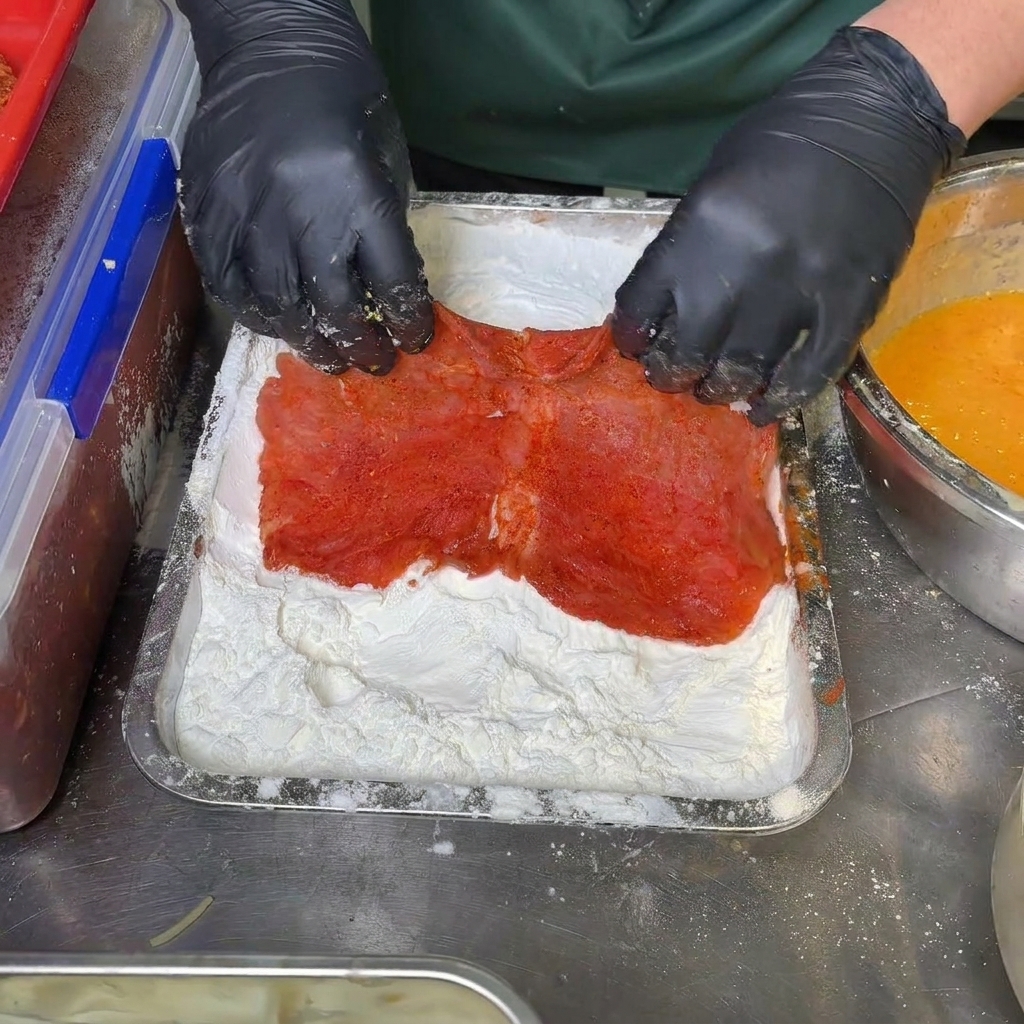 Des mains gantées pressant un gros morceau de porc rouge mariné dans un plateau rempli de fécule blanche en poudre.