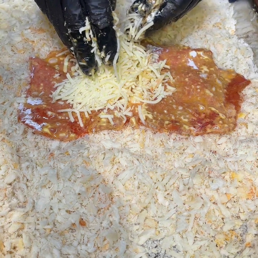 Un morceau de porc plat et mariné sur une surface couverte de chapelure, avec une main déposant un généreux monticule de fromage râpé sur le dessus.