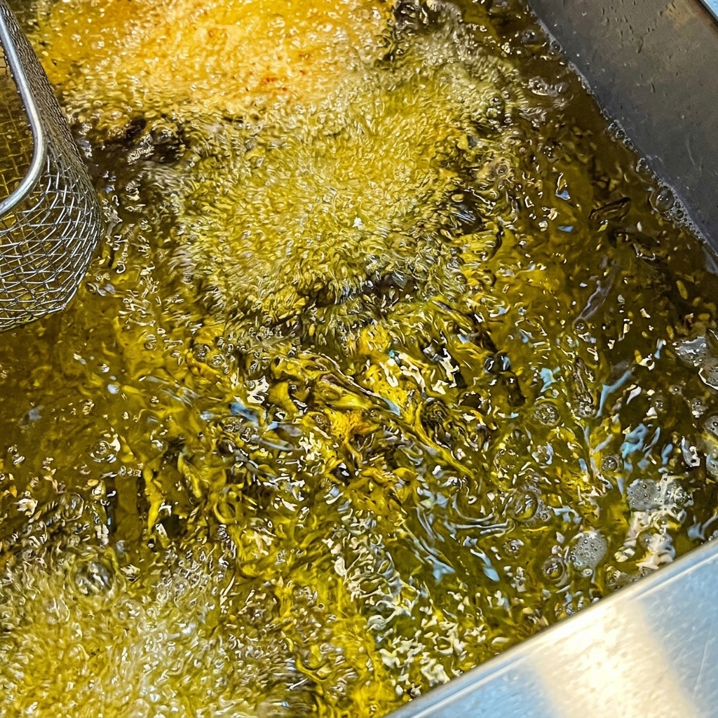 Des côtelettes de porc frites immergées et bouillonnantes dans lhuile chaude.