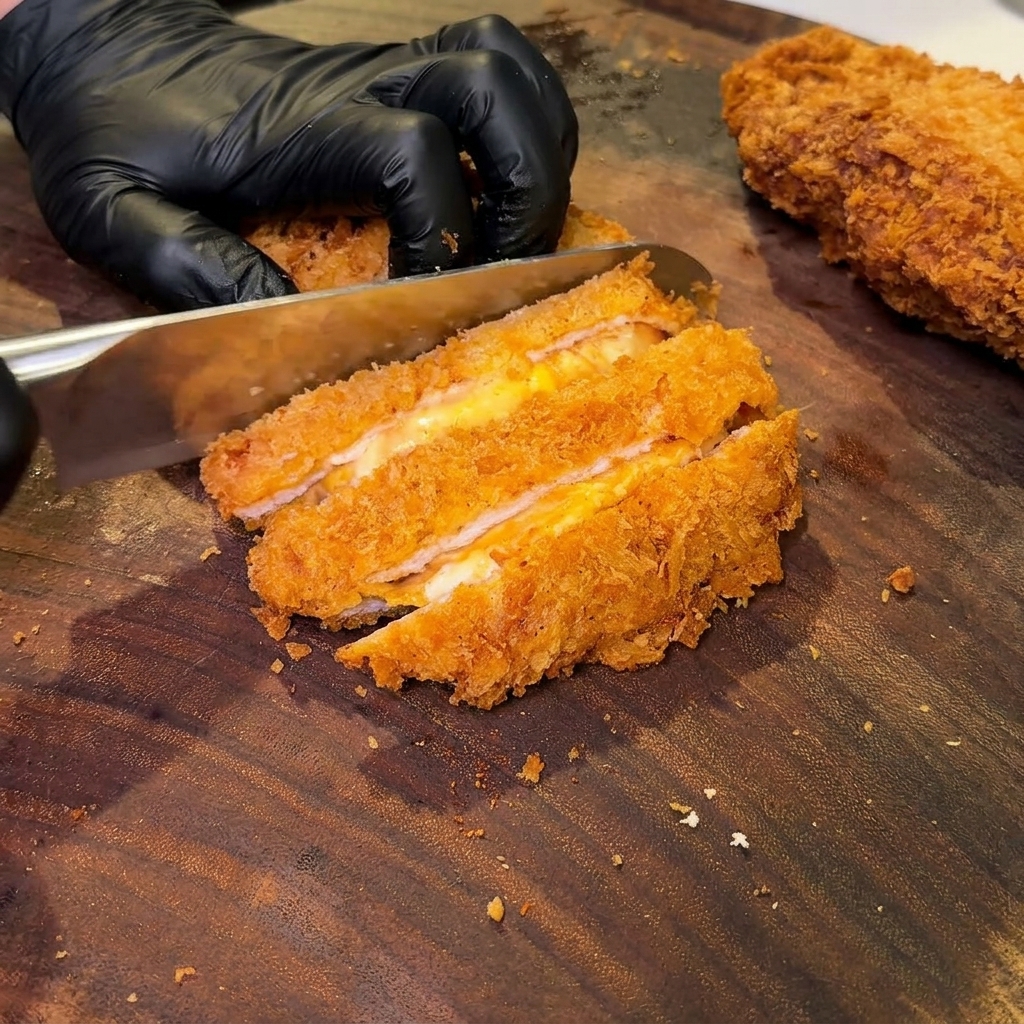 Une côtelette de porc frite en cours de tranchage sur une planche à découper en bois foncé, avec le fromage fondu visible au centre des tranches.