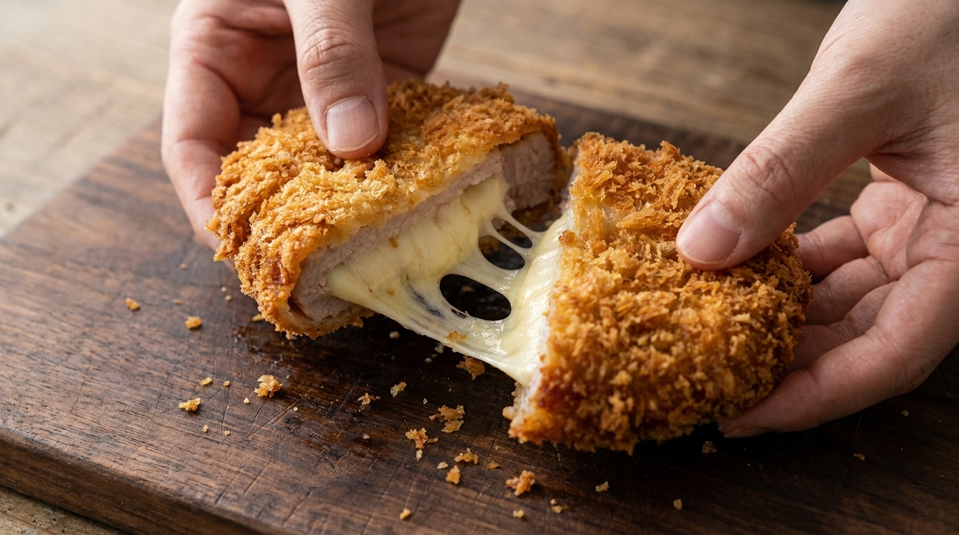 Une côtelette de porc dorée coupée en deux, révélant un cœur épais de fromage fondu et filant.