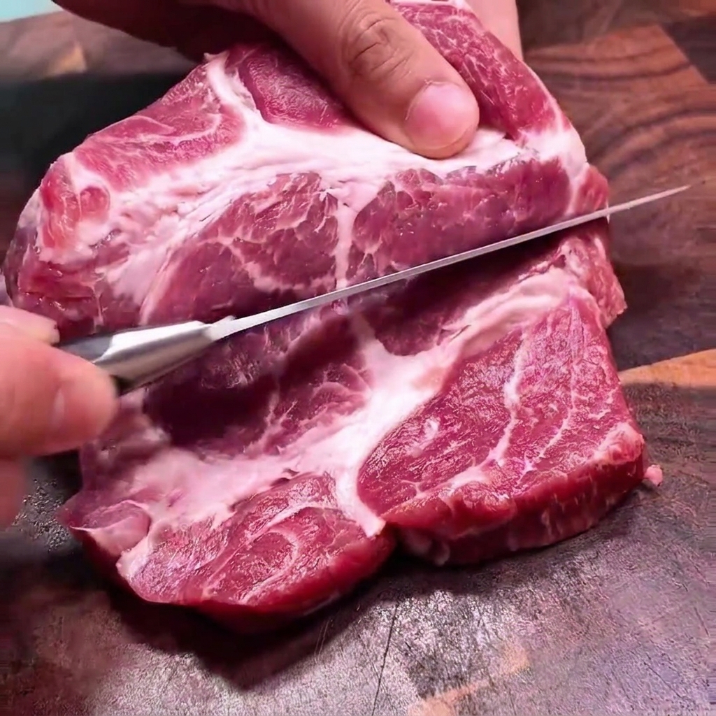 Les mains dune personne tenant une épaisse côtelette de porc crue, la coupant en deux horizontalement avec un couteau de cuisine.