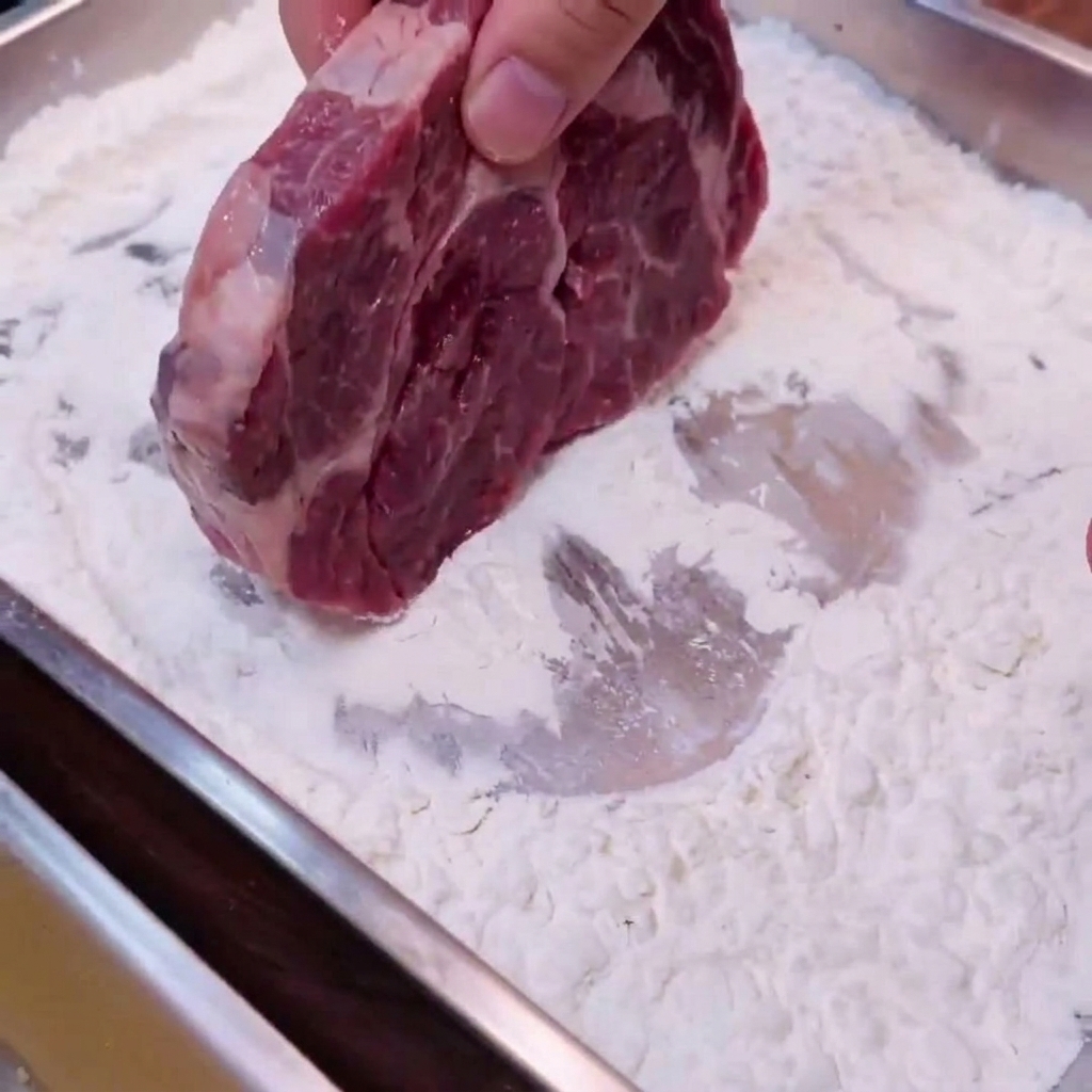 Une main pressant un morceau de viande crue dans un plateau rempli de fécule blanche.