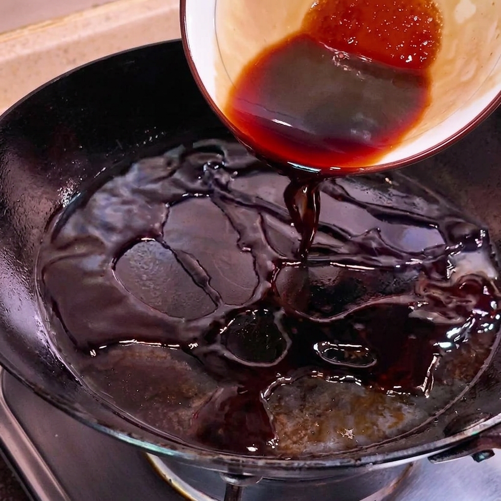 Une sauce sombre et savoureuse versée dans une poêle contenant des oignons blancs tranchés translucides.