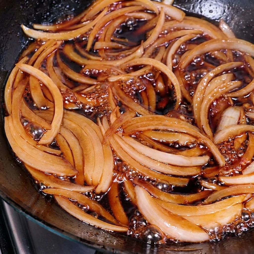 Des morceaux de côtelette de porc dorés disposés proprement sur des oignons sautés dans une sauce sombre dans une poêle.